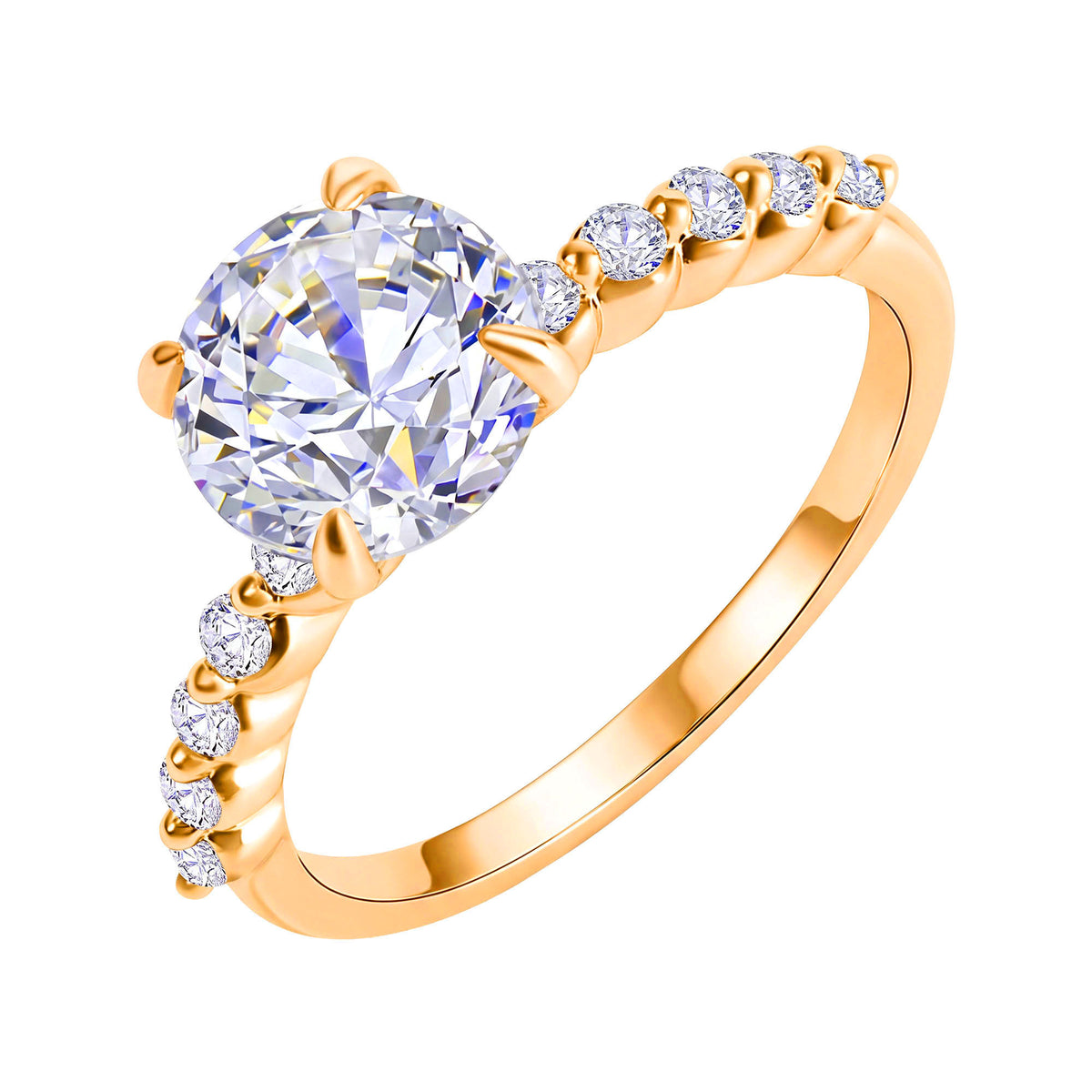 Warm gold-tone ring with a large round-cut cubic zirconia and sparkling side stones