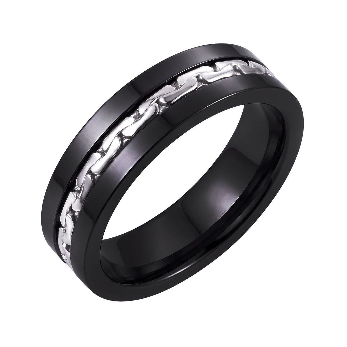 Black ceramic ring with a rhodium-plated chain inlay