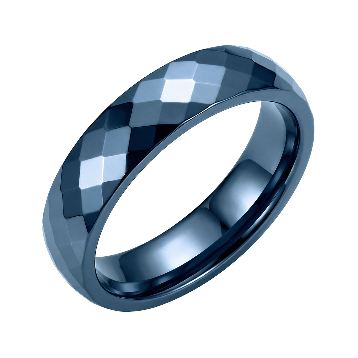 Wide blue ceramic ring with a multifaceted surface on a white background