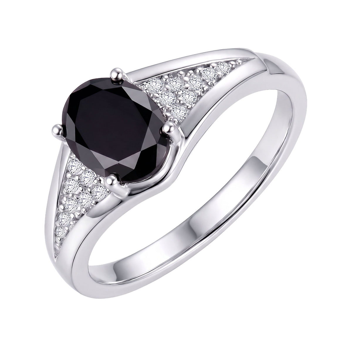 Ring with an oval black stone and white cubic zirconia in silver tone