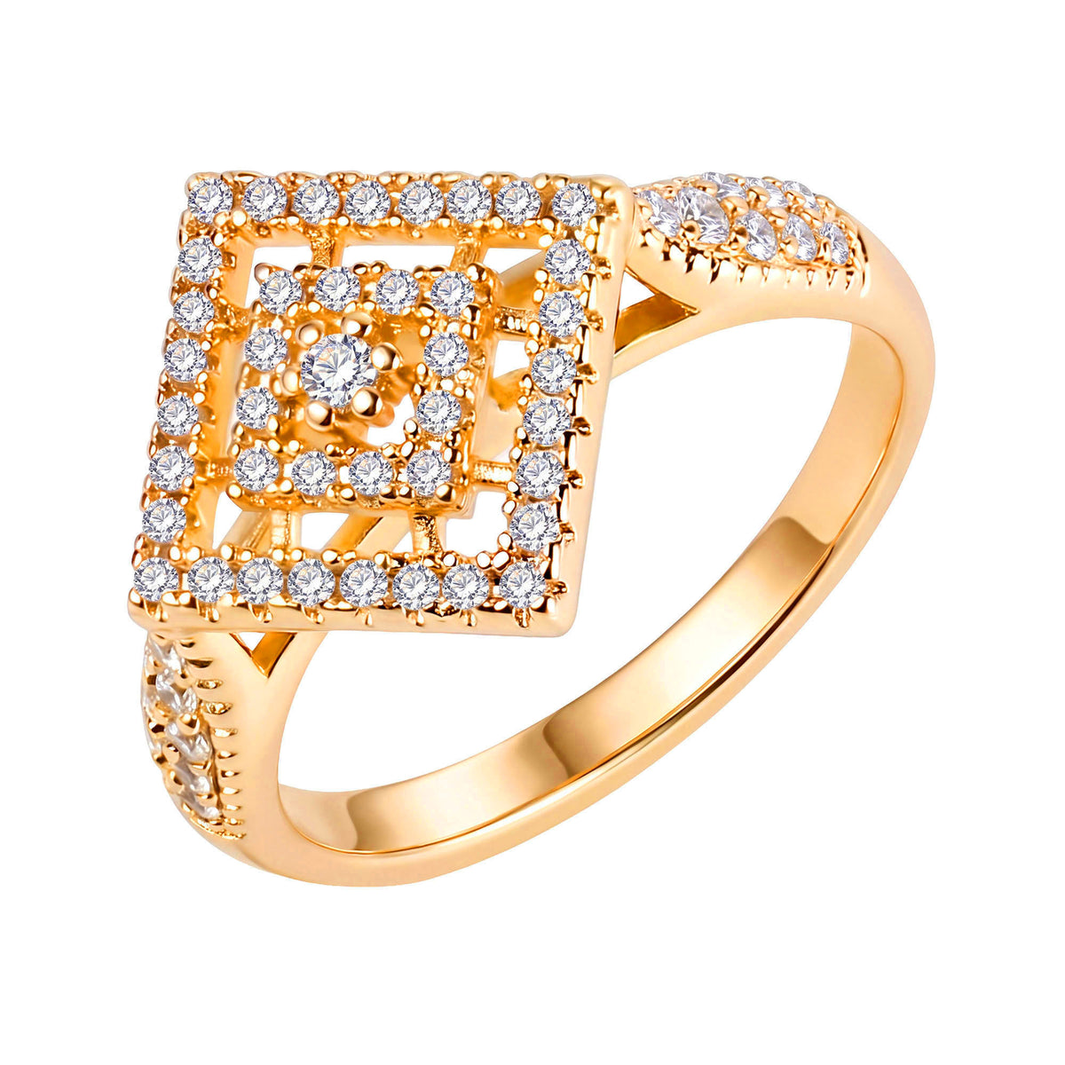 Gold-plated ring with an openwork rhombus of cubic zirconia in a warm gold tone