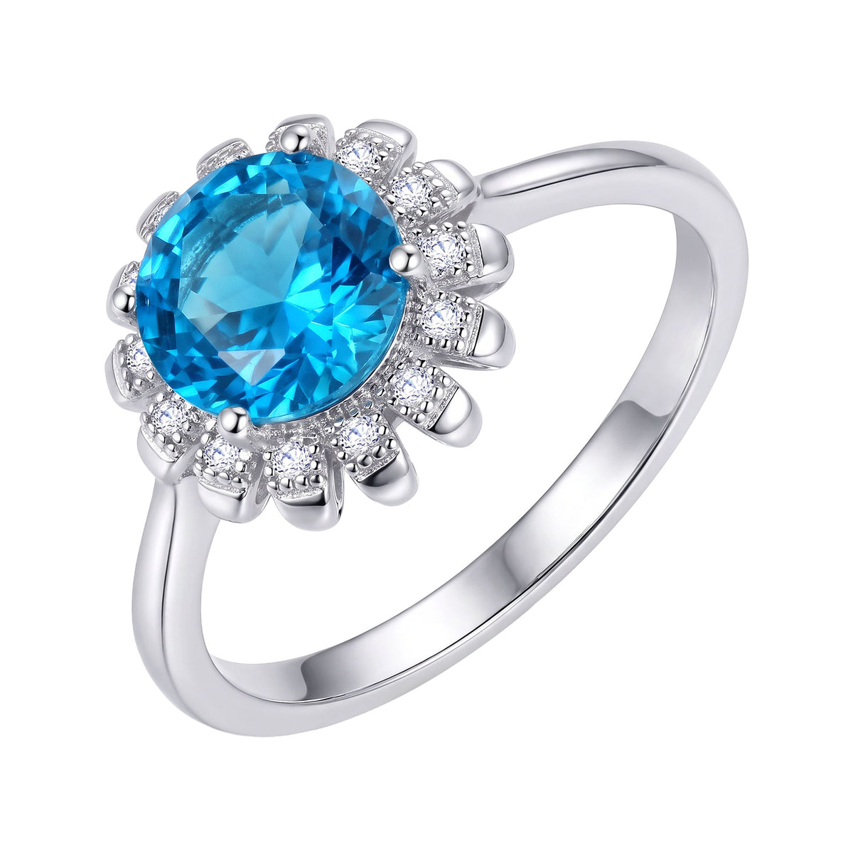 Platinum-plated ring with a round blue stone and a sparkling cubic zirconia halo