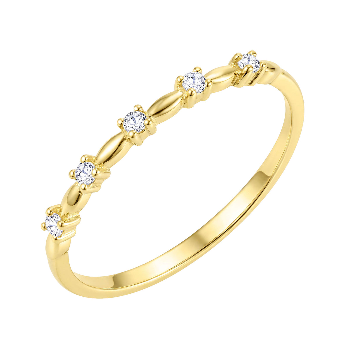 Slim gold-plated ring with a row of five round cubic zirconia