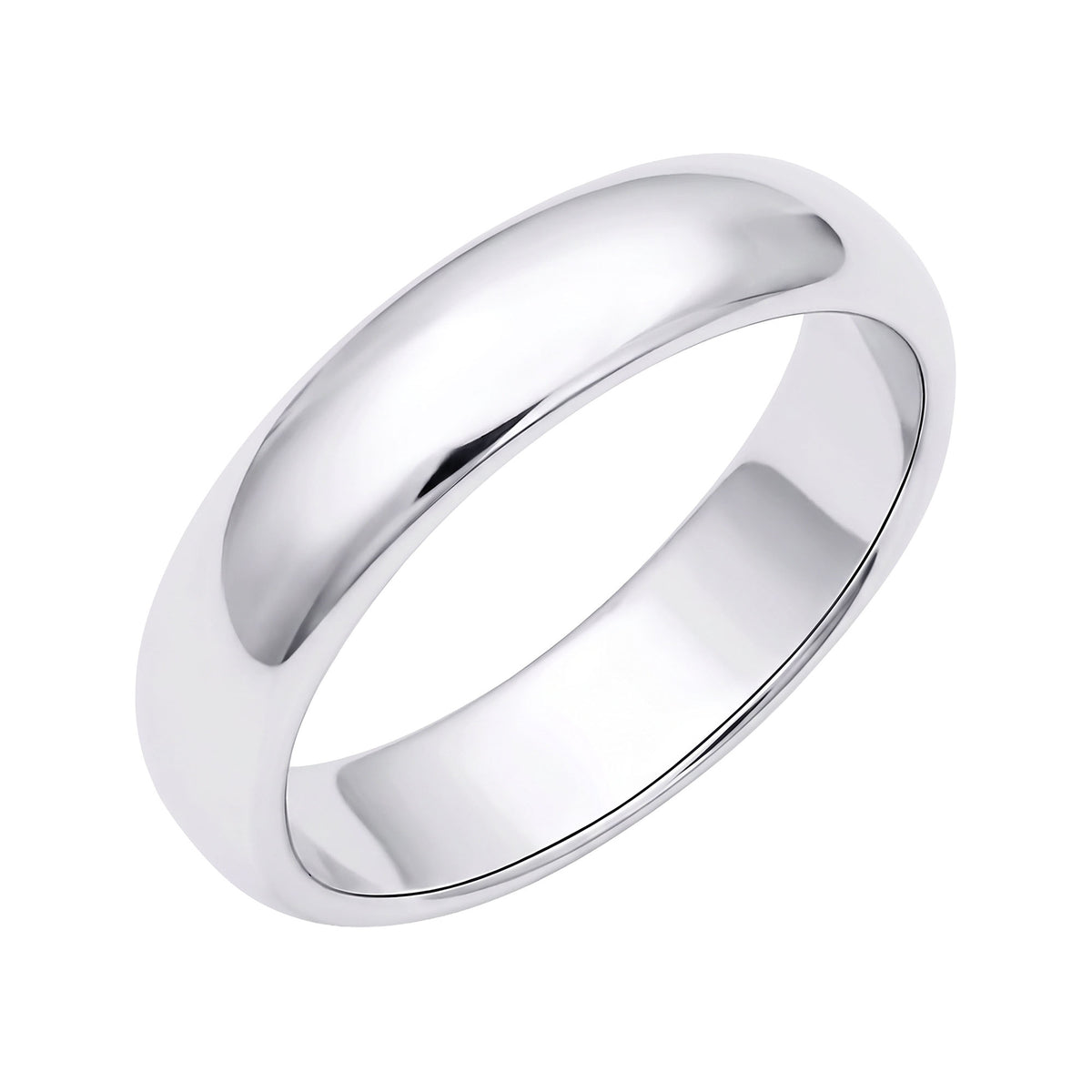 Wide smooth silver-tone ring with platinum plating on a white background