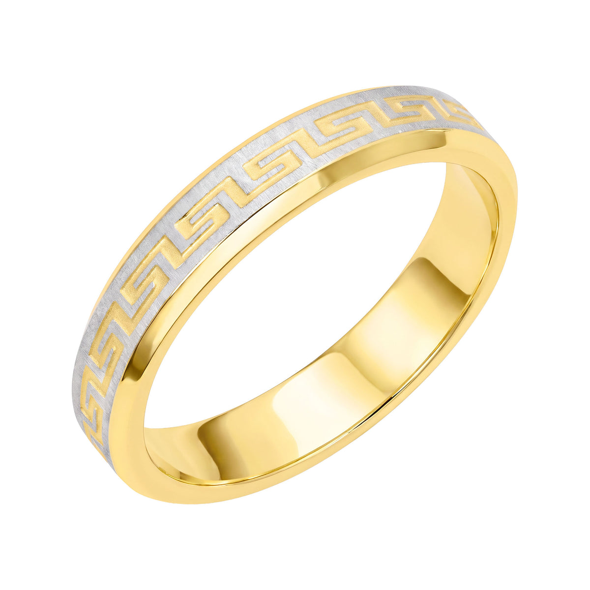 Two-tone ring with a Greek meander pattern in gold and silver tones