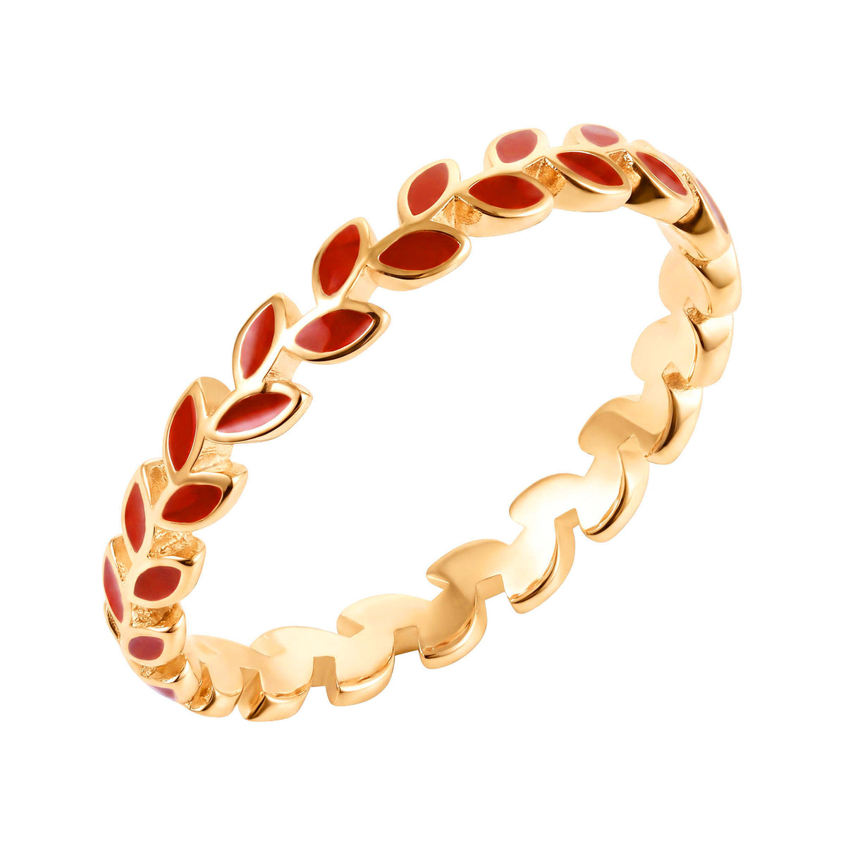 Slim ring with red enamel leaves in a wreath pattern