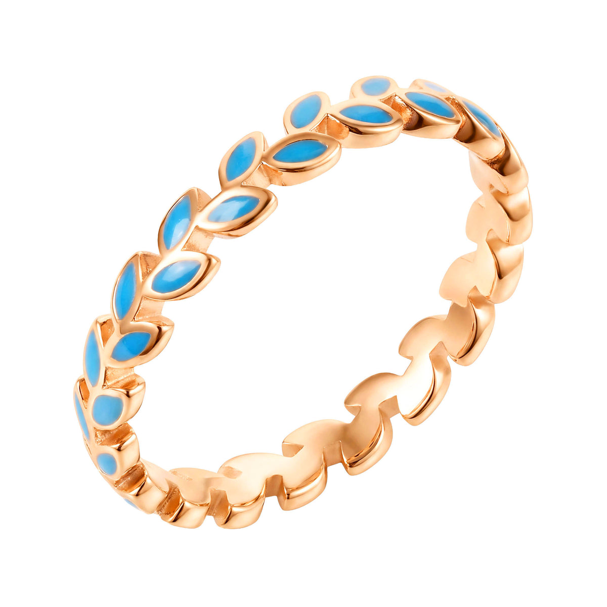 Close-up of a leaf ring with turquoise enamel and a warm gold-tone finish