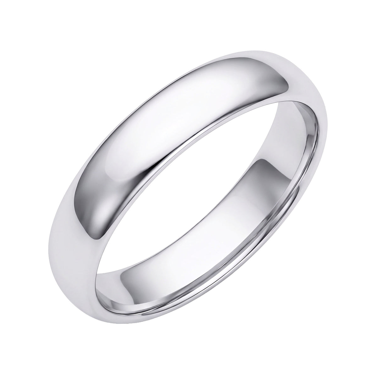 Smooth rounded wedding band in silver tone with platinum plating on white