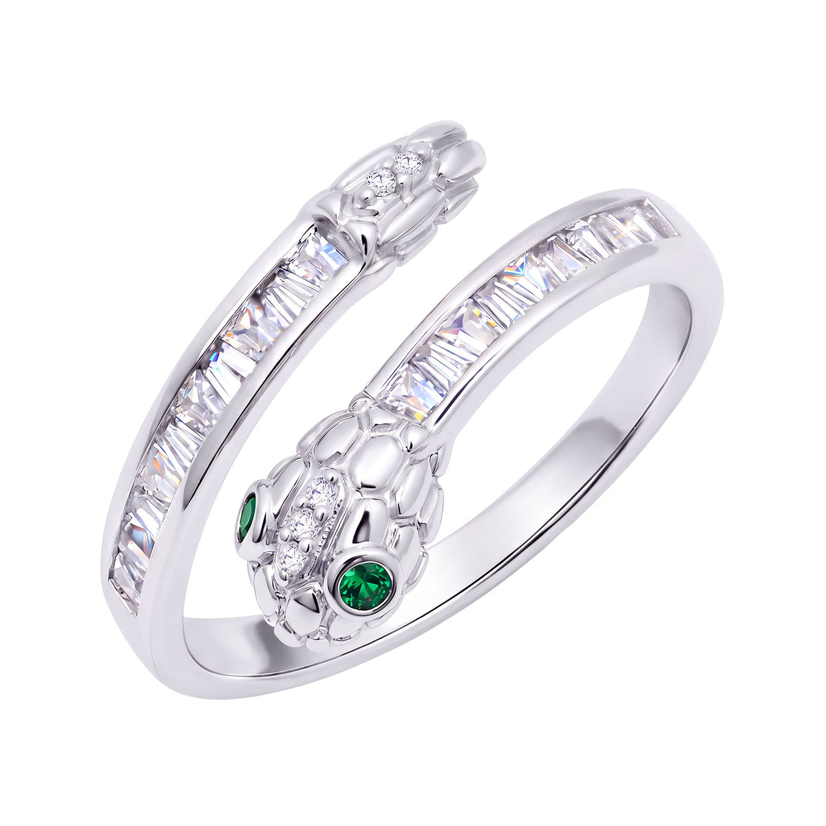 Open snake ring in platinum tone with white baguettes and green eyes