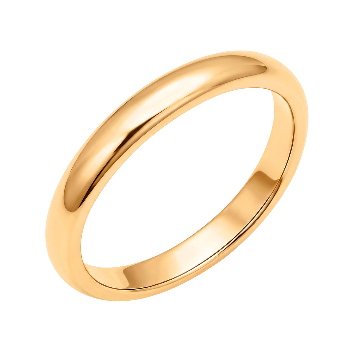 Narrow smooth ring with a warm gold-tone finish, angled view on white