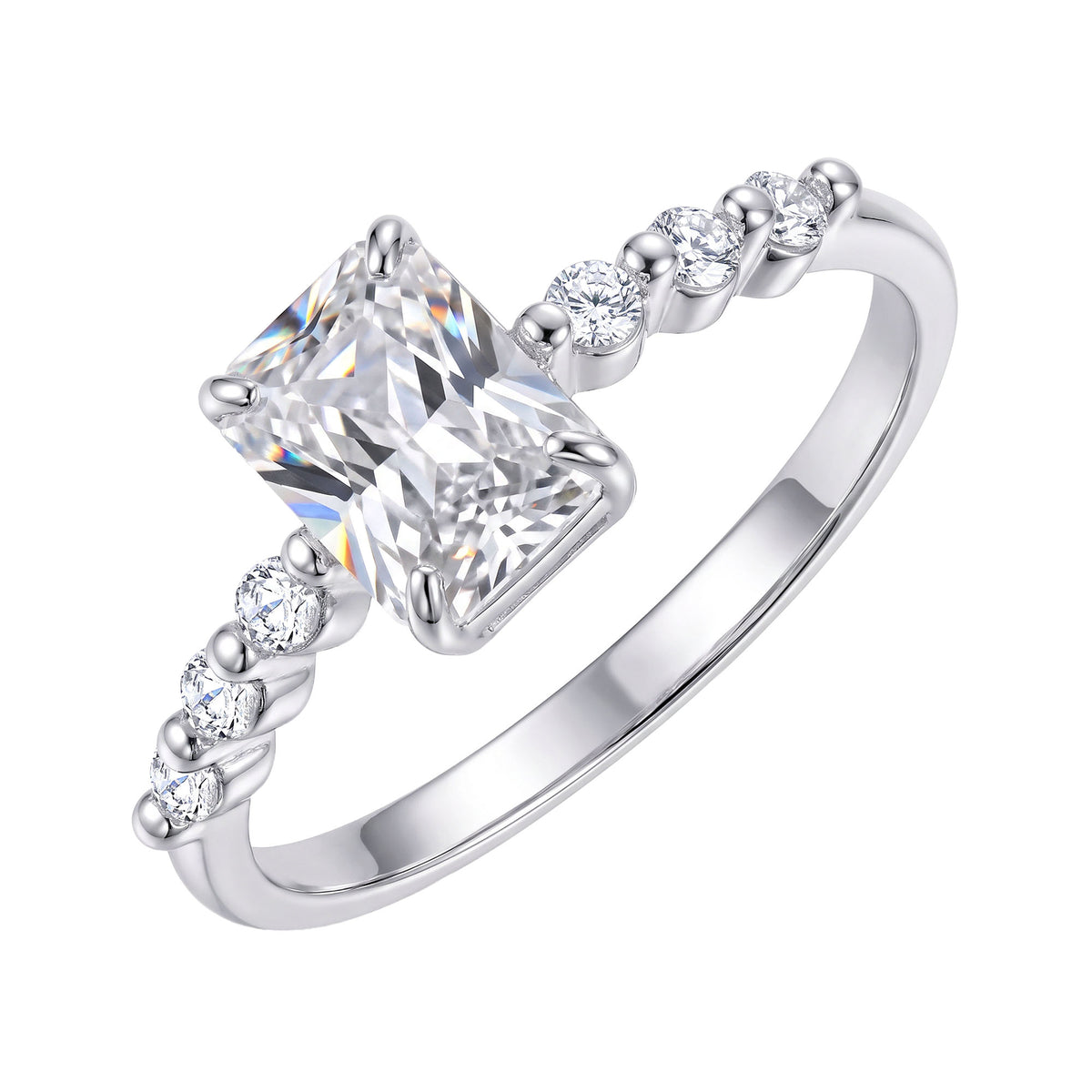 Platinum-plated ring with a large rectangular crystal and tiny side stones