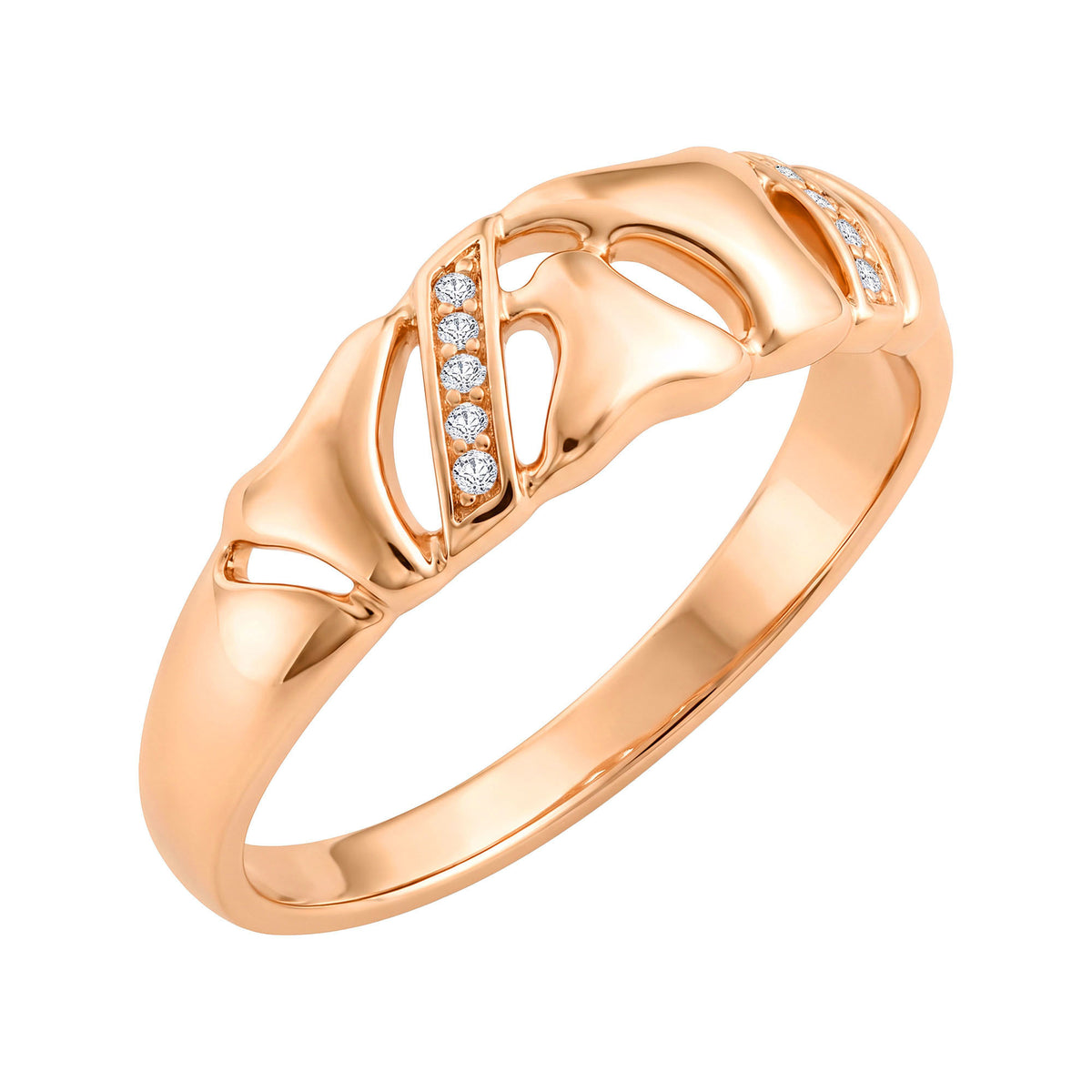 Rose gold-tone ring with abstract cut-outs and two rows of tiny crystals