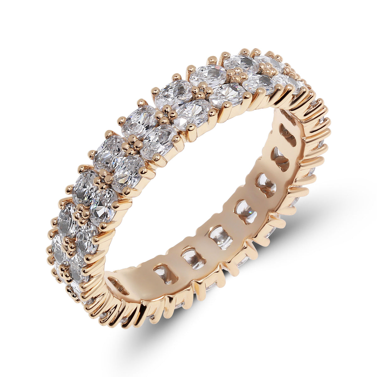 Gold-plated eternity ring with two rows of clear oval crystals all round