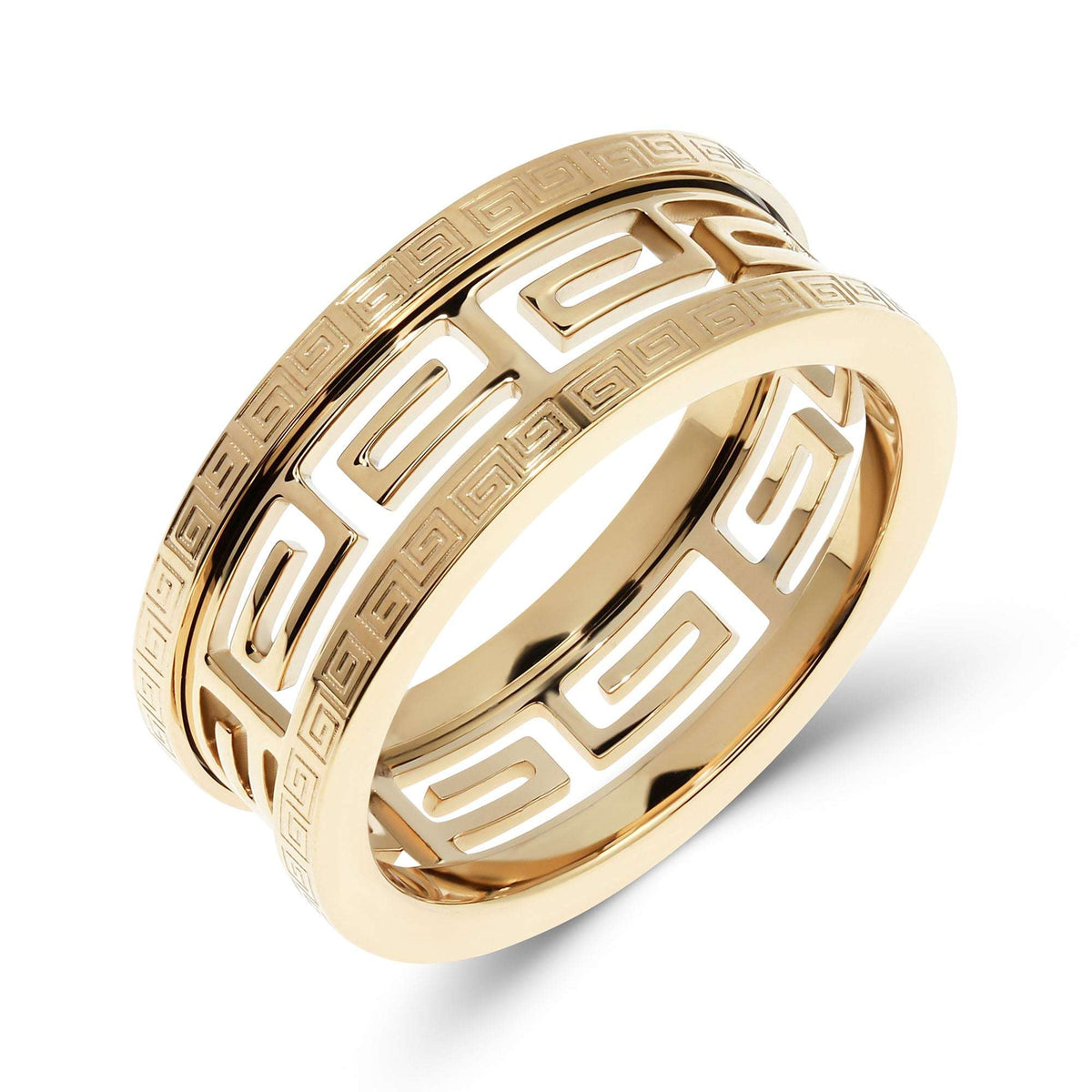Wide gold-tone ring with an engraved Greek meander pattern and openwork centre