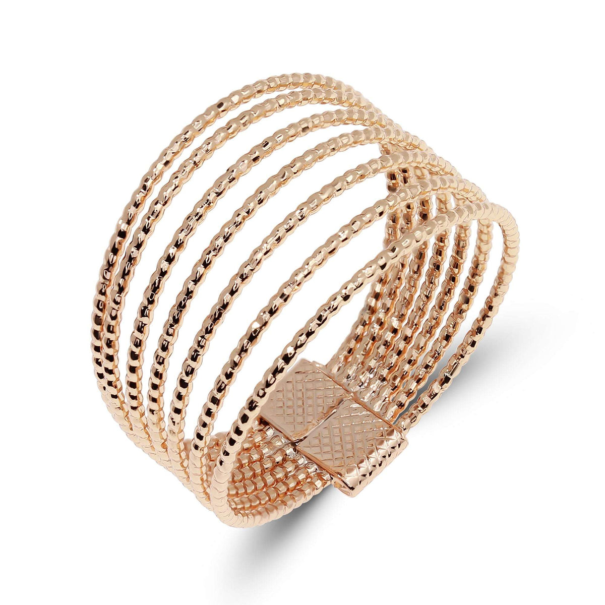 Wide multi-row ring of textured gold-tone strands with a square centre plate