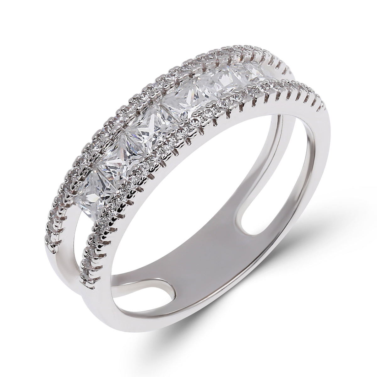 Silver-tone ring with square cubic zirconia and two rows of sparkling stones
