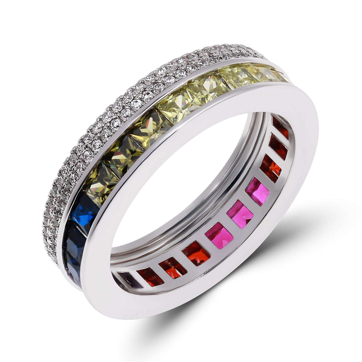 Ring with a rainbow band of square cubic zirconia between rows of clear stones