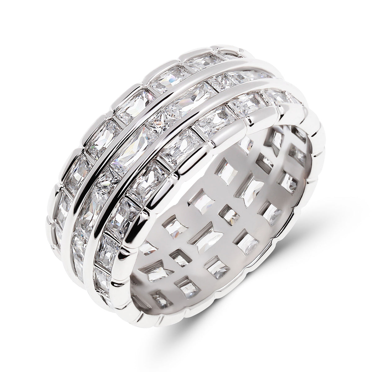 Wide ring with three rows of clear square cubic zirconia, bright silver-tone finish