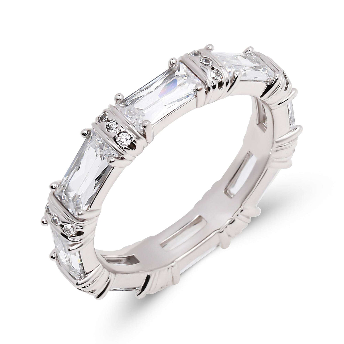 Ring of elongated rectangular cubic zirconia with tiny crystals between the stones