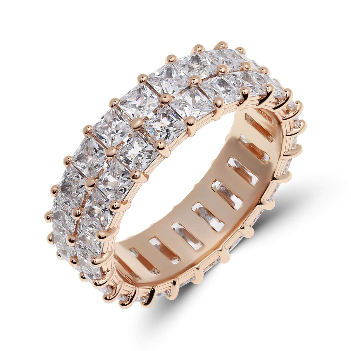 Gold-tone ring with two rows of square cubic zirconia and round metal beads