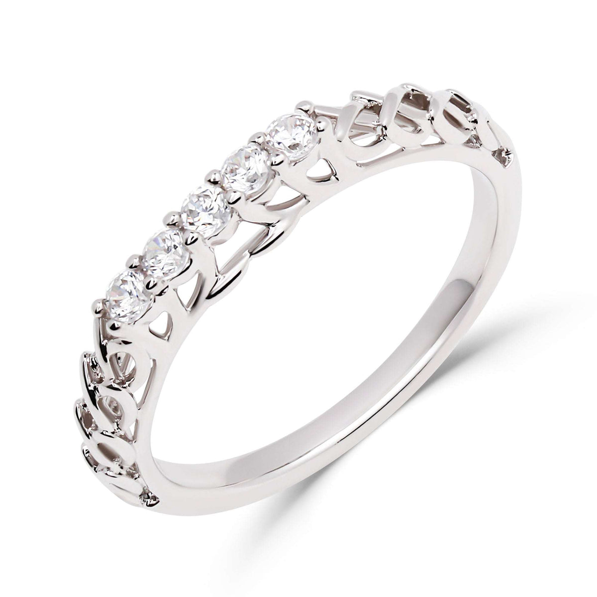 Narrow openwork ring with five clear cubic zirconia in a silver tone