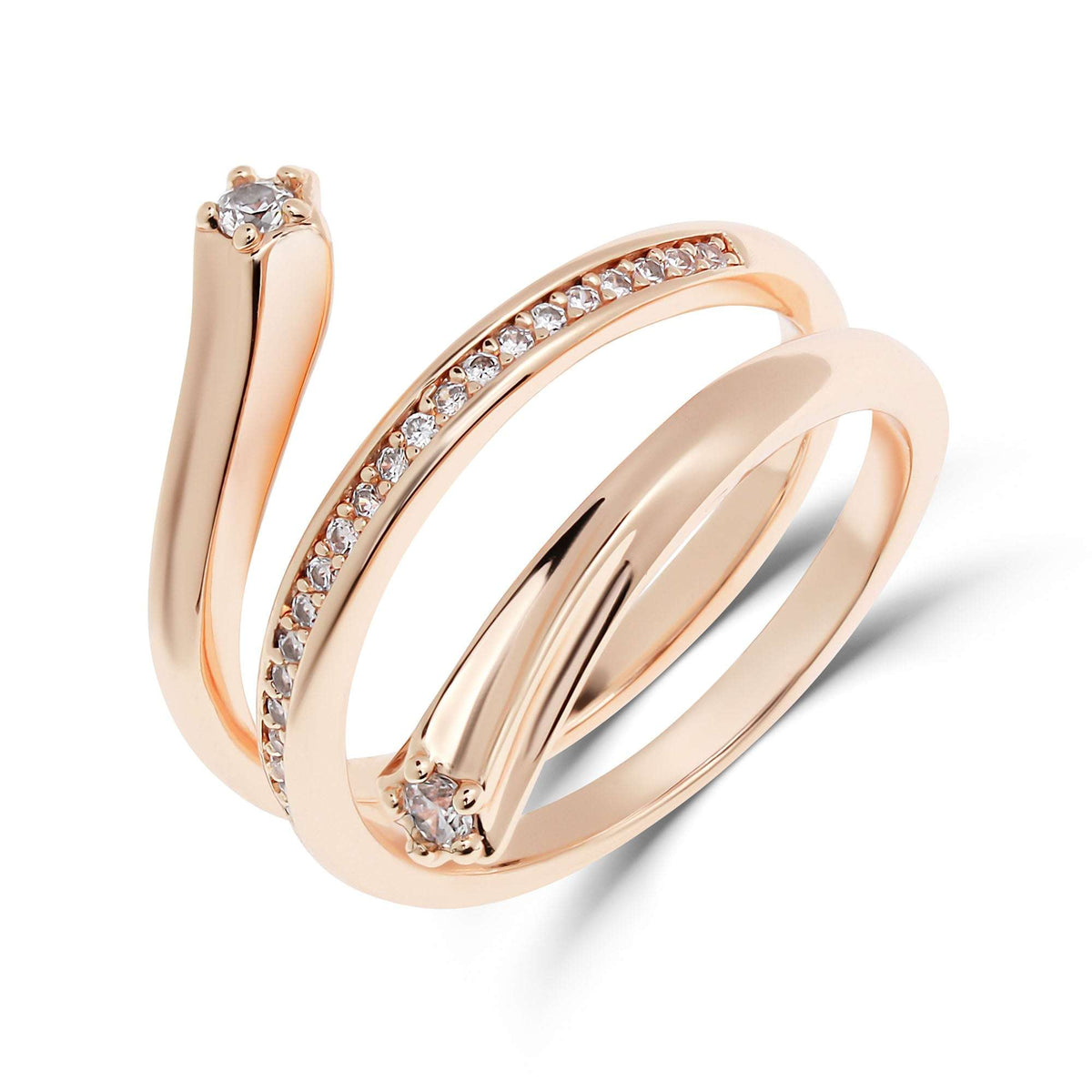 Spiral ring with a cubic zirconia band and two larger end stones