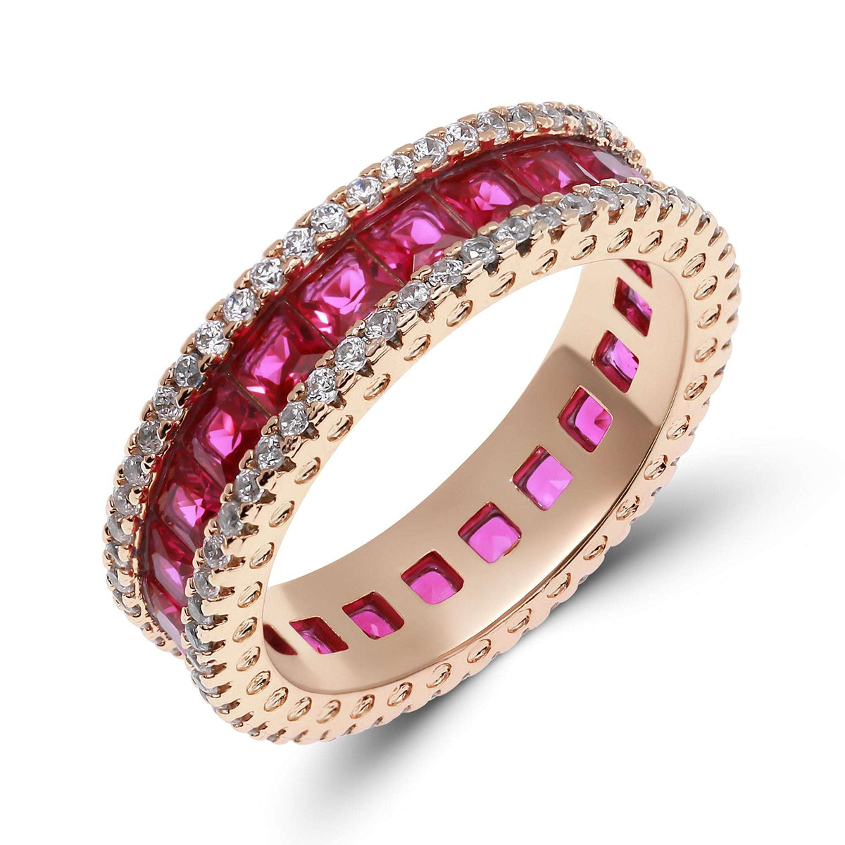 Gold-tone ring with square pink cubic zirconia between two rows of clear stones