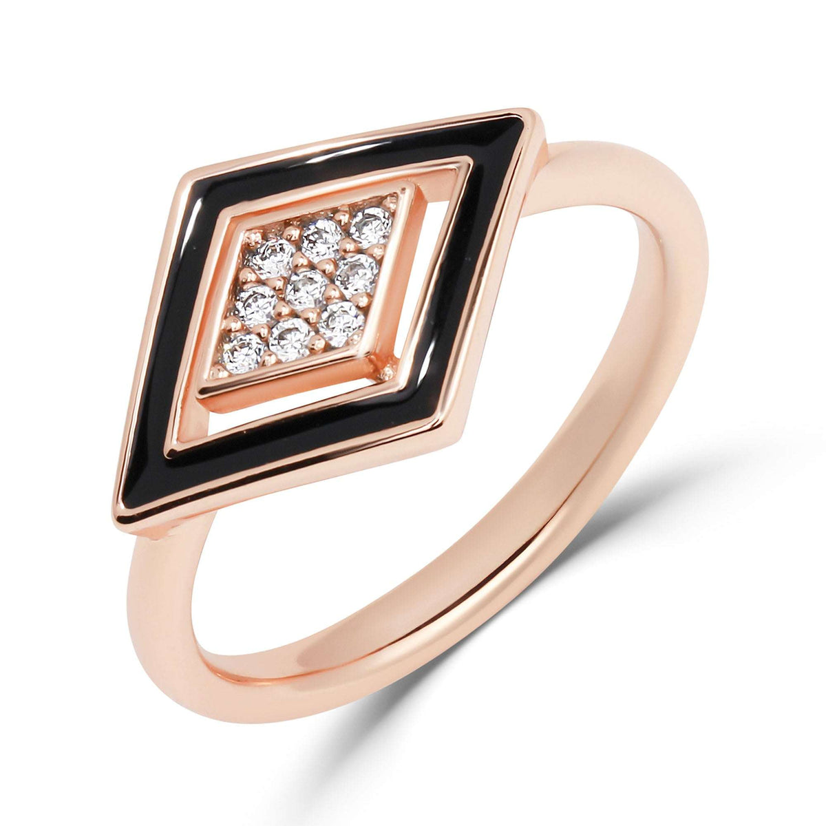Gold-tone ring with a black enamel rhombus frame and clear cubic zirconia