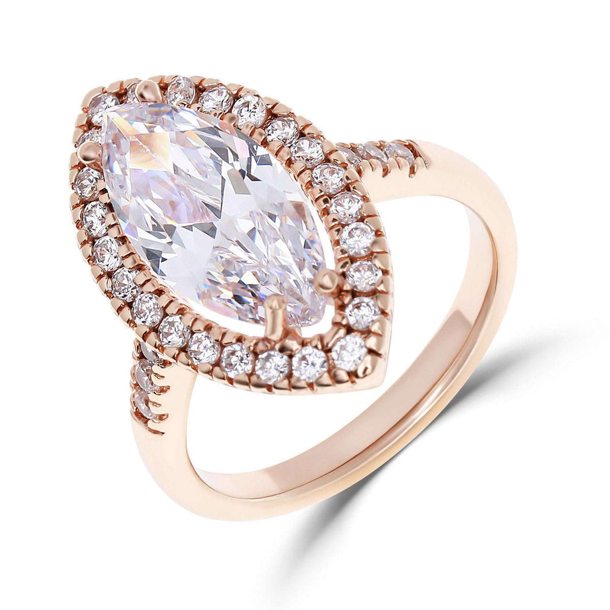 Gold-plated ring with a large marquise zirconia in a sparkling halo