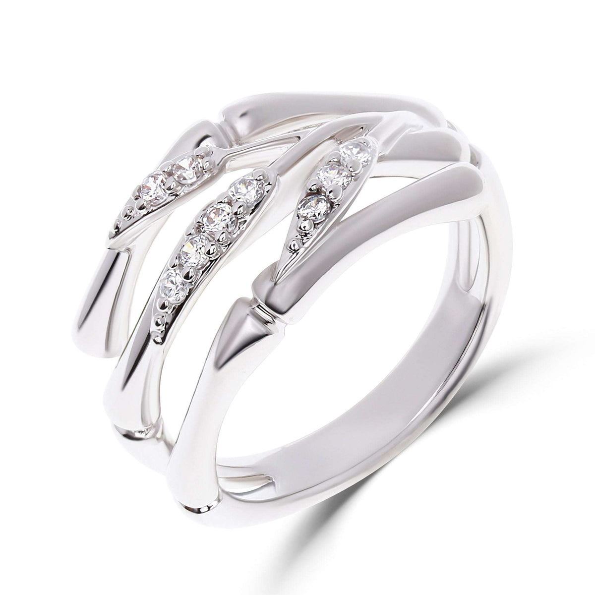 Silver-tone bamboo branch ring with clear zirconia in leaf settings on white