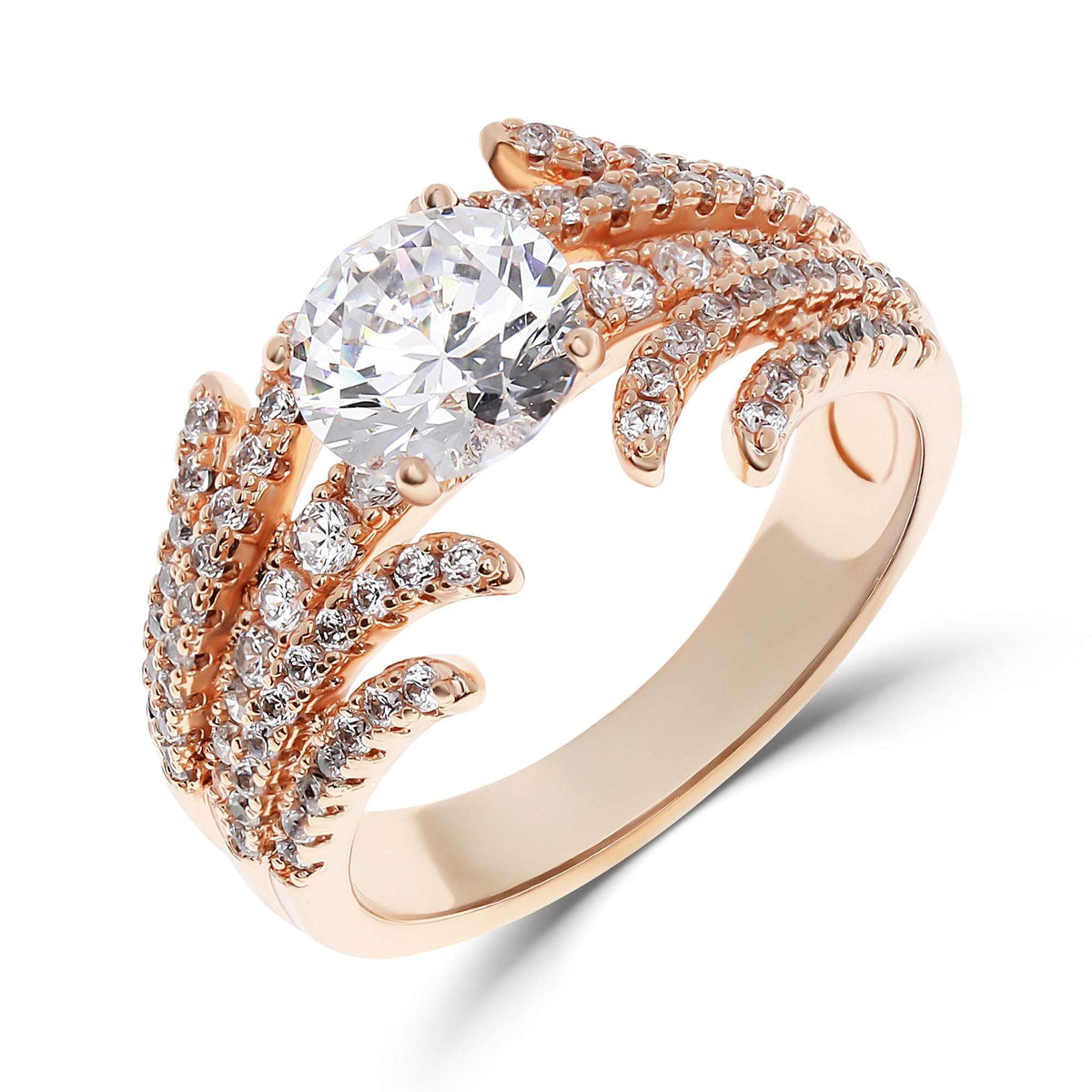 Gold-plated ring with a large round stone and fanned rows of small stones