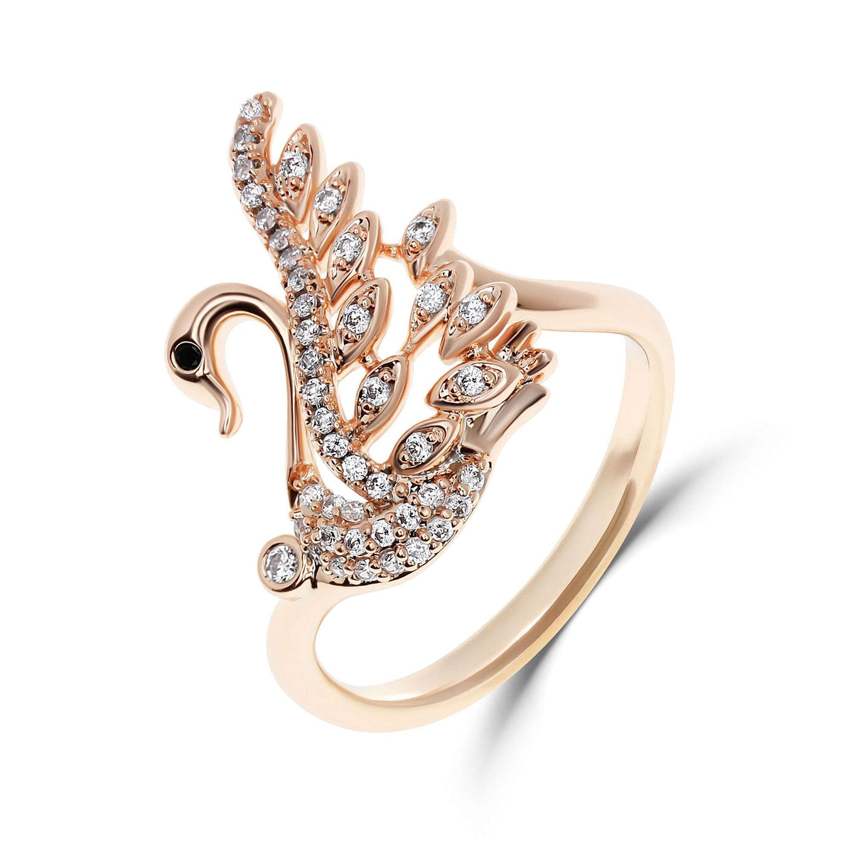 Gold-plated swan ring with wings covered in cubic zirconia