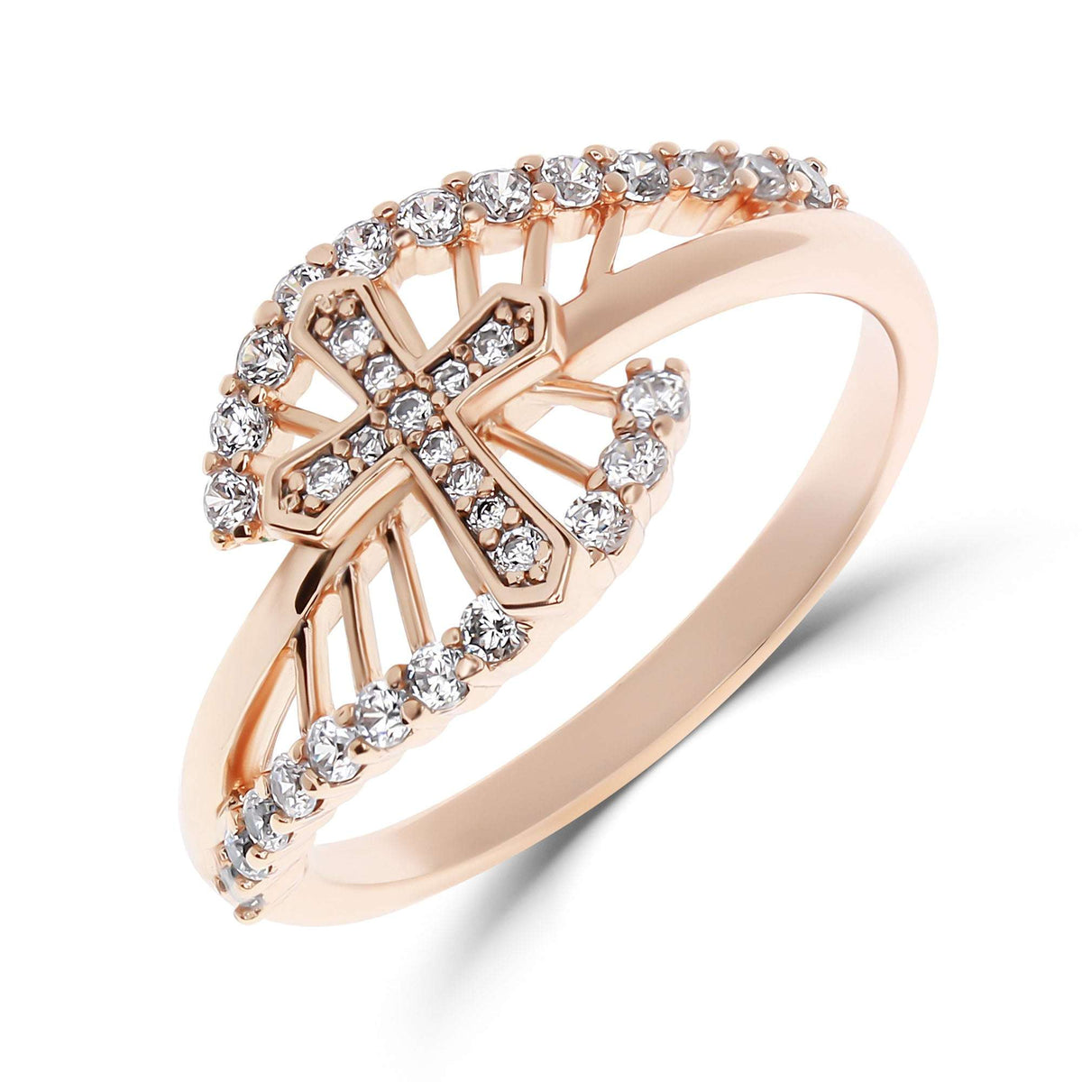 Gold-plated cross ring with an arc of cubic zirconia, close-up on white