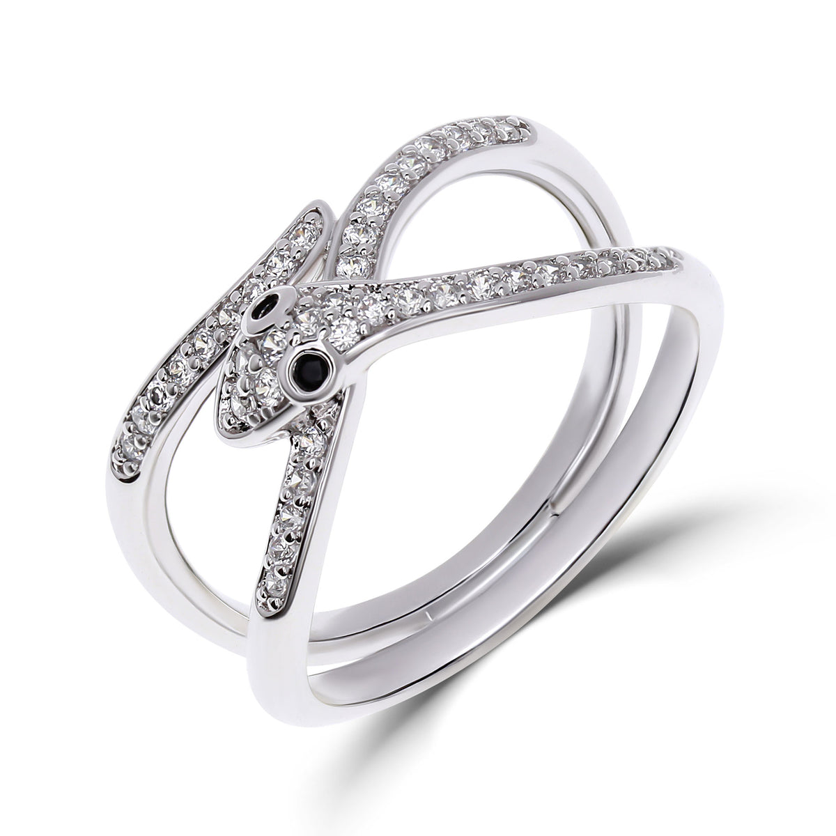 Silver-tone snake ring with cubic zirconia and black eyes, close-up