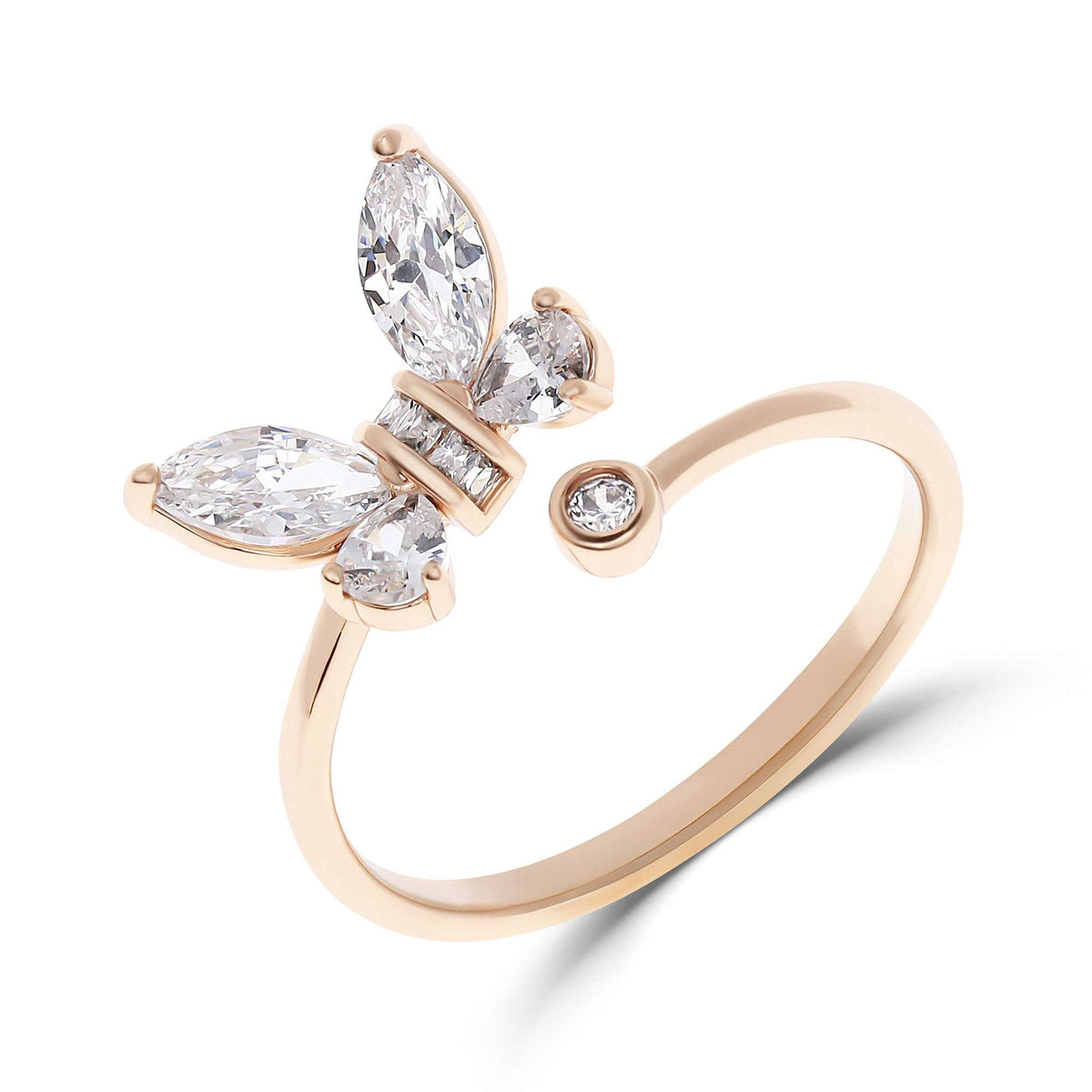 Open gold-plated ring with a butterfly of marquise and pear-shaped stones