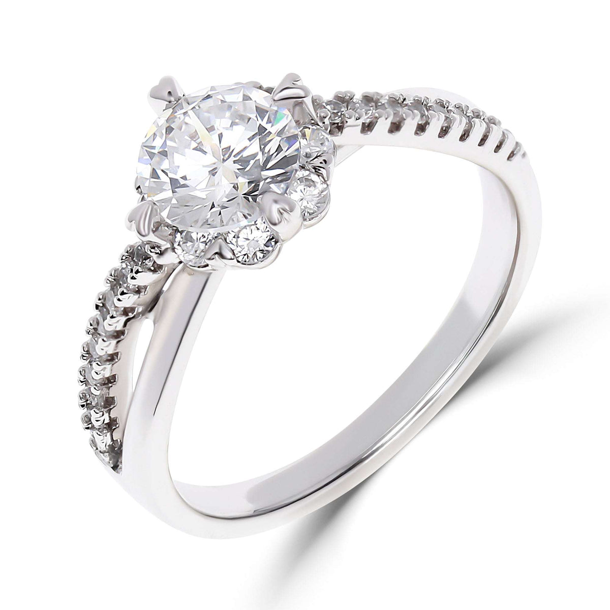 Platinum-plated ring with a large round stone and a band of side stones