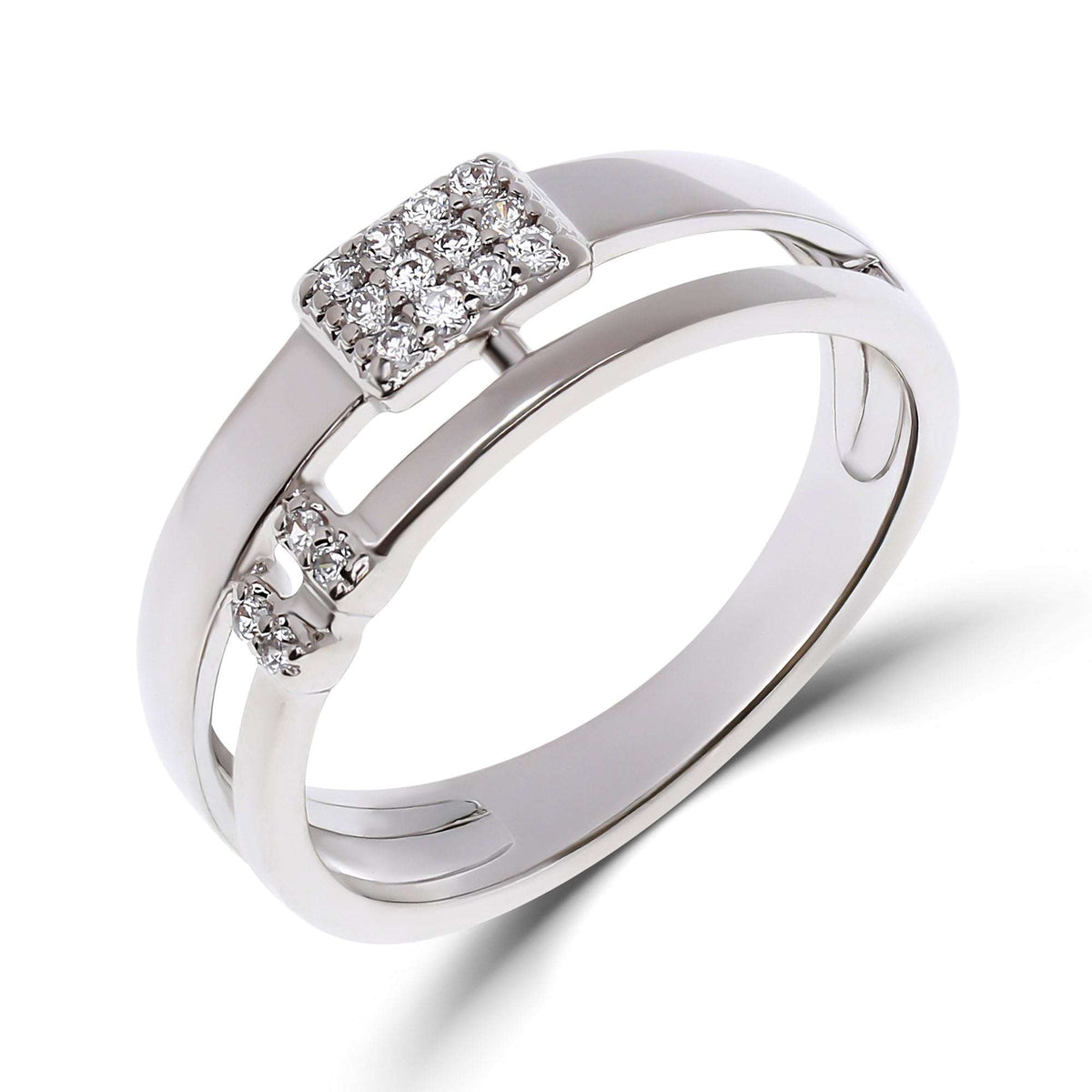 Geometric ring with a rectangle of cubic zirconia and a split band