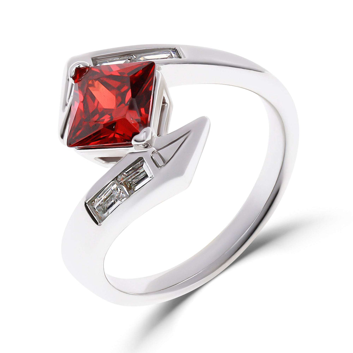 Silver-tone asymmetric ring with a red square stone and clear side stones