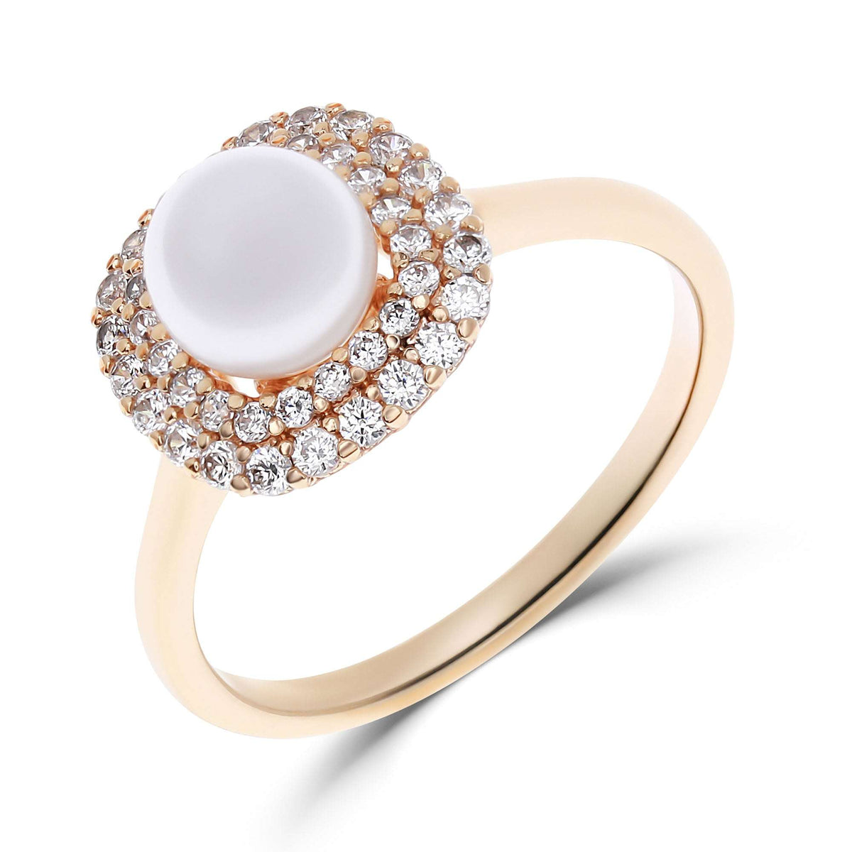 Gold-tone ring with a white pearl in a double cubic zirconia halo