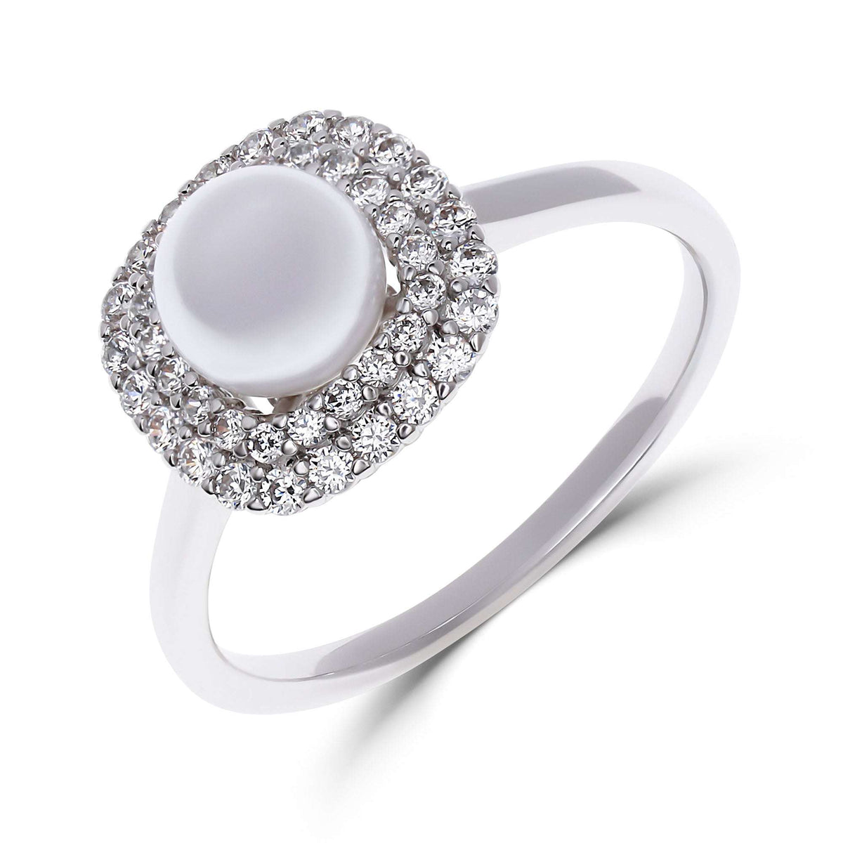 Silver-tone ring with a white pearl and a double cubic zirconia border, platinum plating