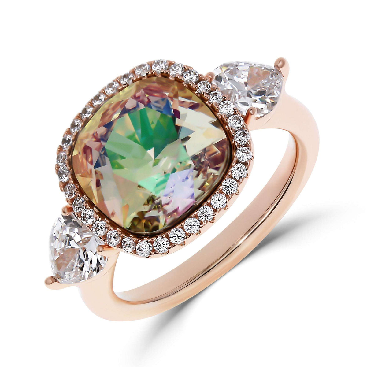 Evening ring with a large multicoloured cubic zirconia and a crown of white stones