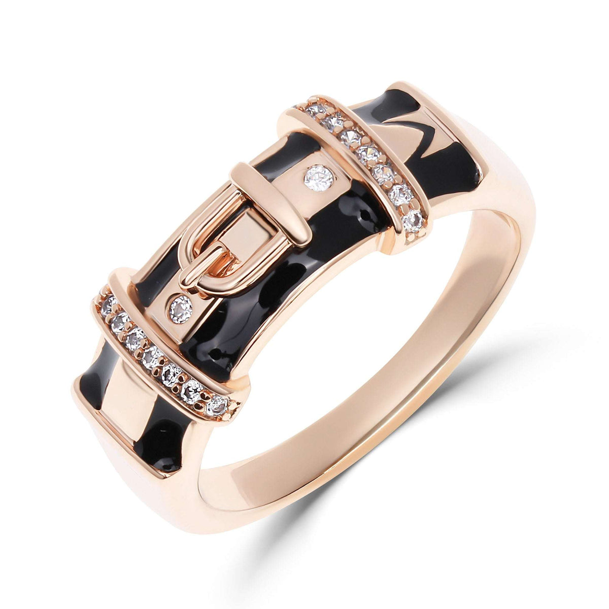 Belt buckle ring with black enamel and white cubic zirconia
