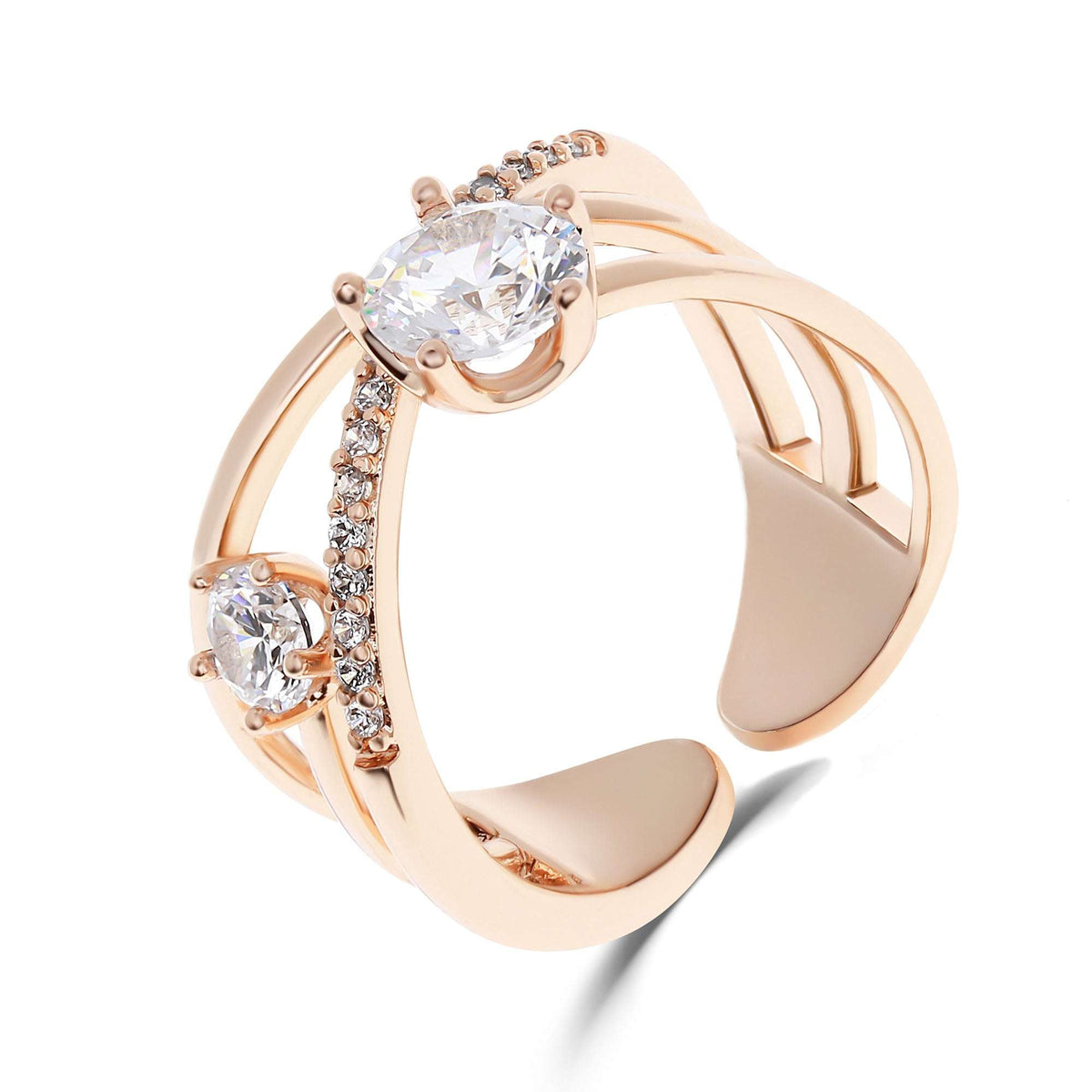 Open ring with two large white cubic zirconia