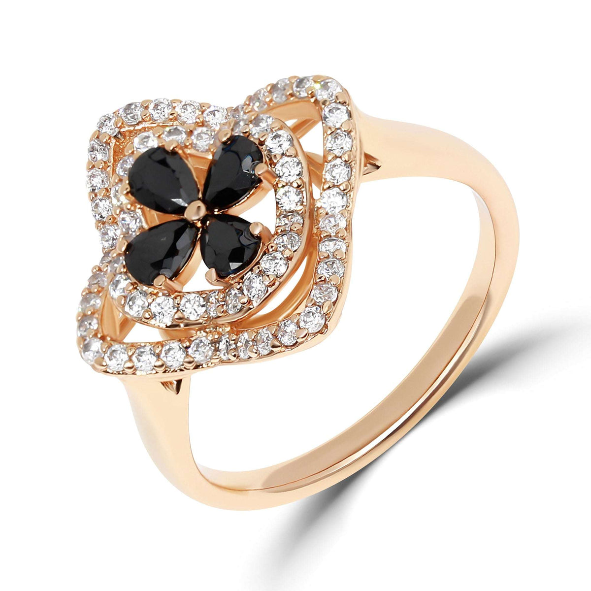 Gold-plated flower ring with black teardrop stones and a white cubic zirconia border