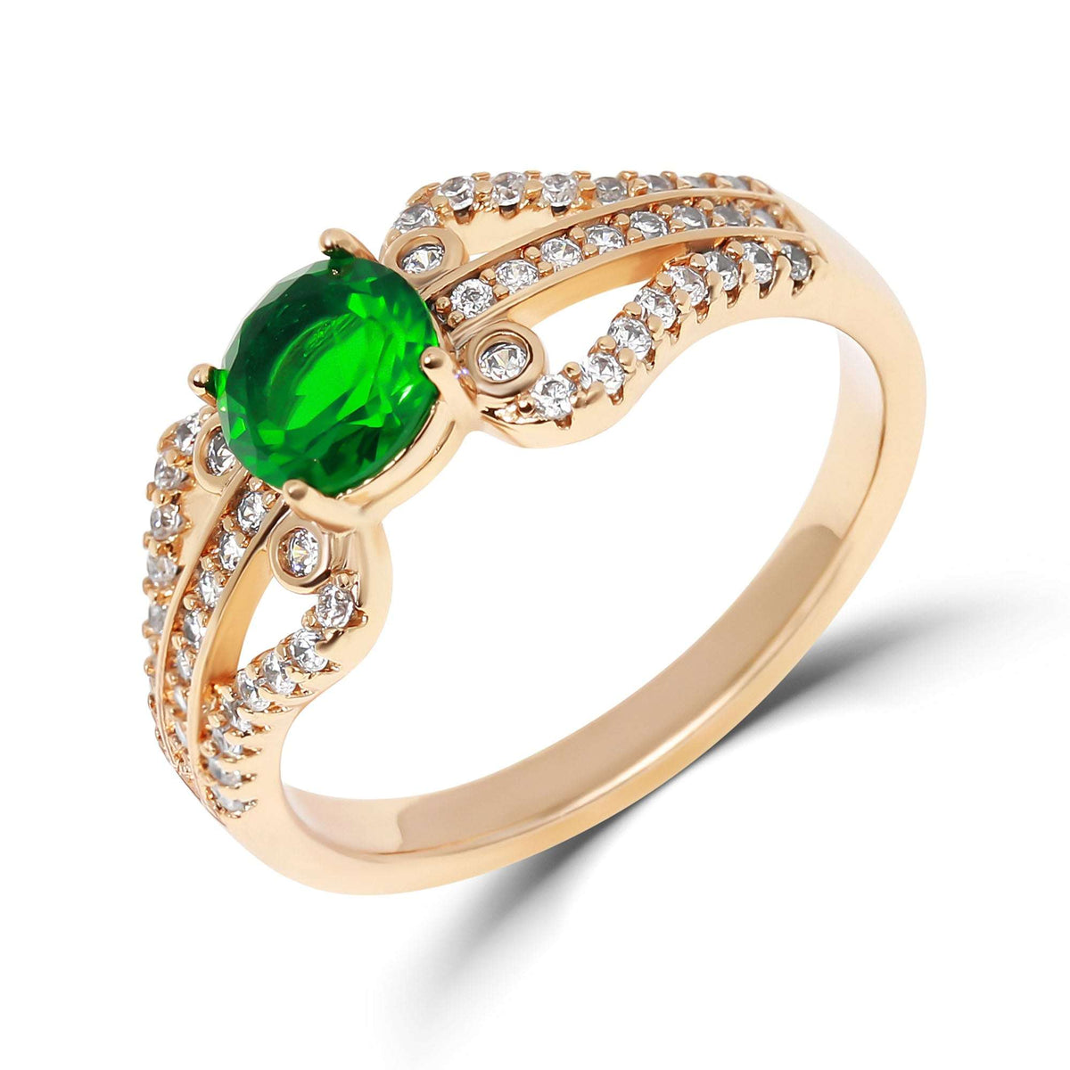 Gold-plated ring with a round green cubic zirconia and rows of white stones