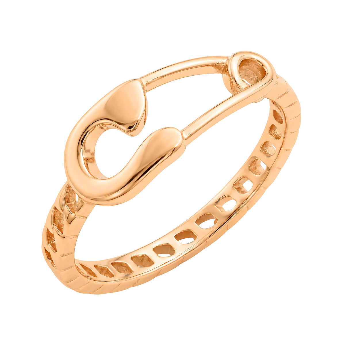 Gold-plated safety pin ring with a notched band, close-up on white