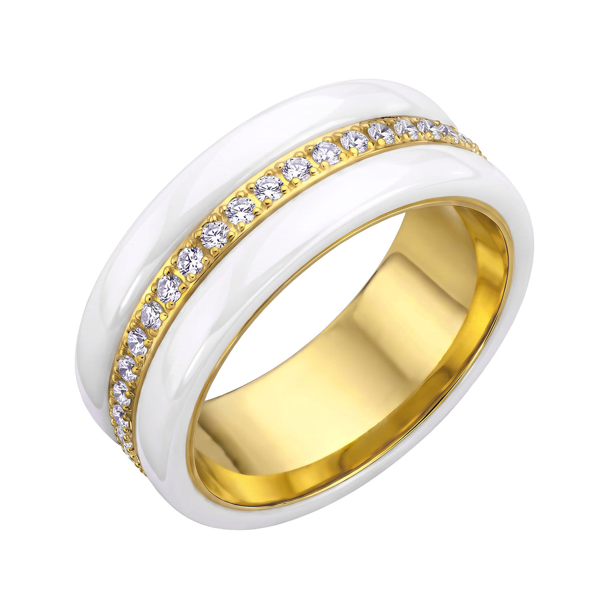 Wide white ceramic ring with a gold-plated cubic zirconia band and golden inside
