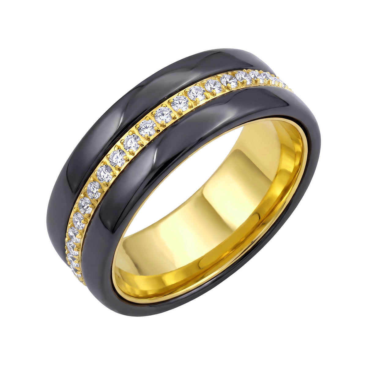 Wide dark ceramic ring with a gold-plated crystal band and golden inside