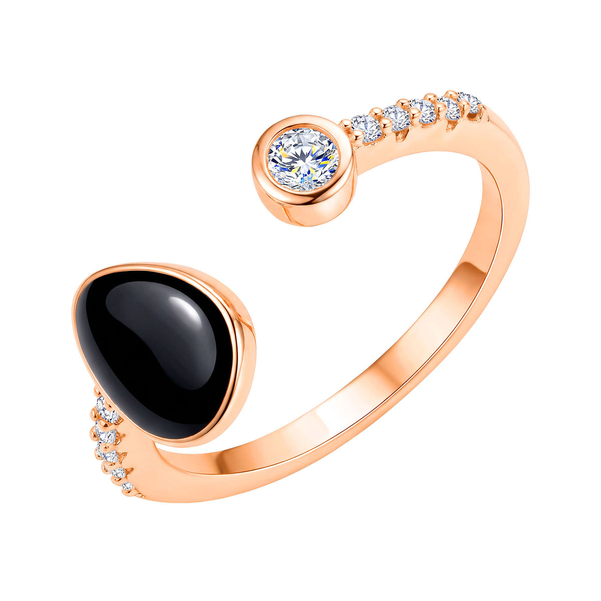 Open rose gold-tone ring with a black enamel drop and sparkling cubic zirconia