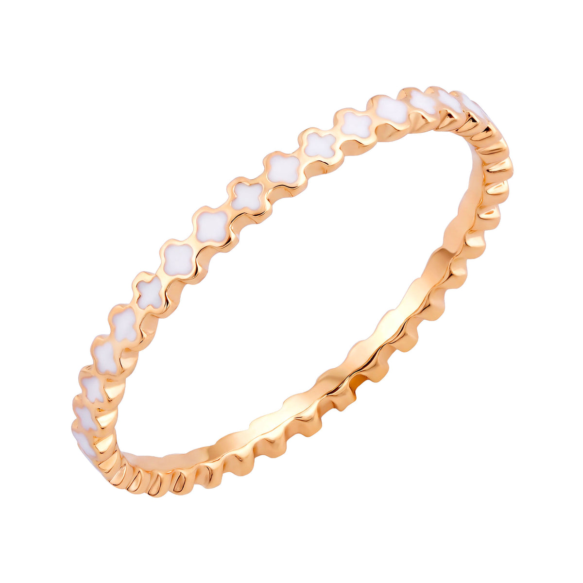Narrow rose gold-tone ring with white enamel four-petal flowers all around